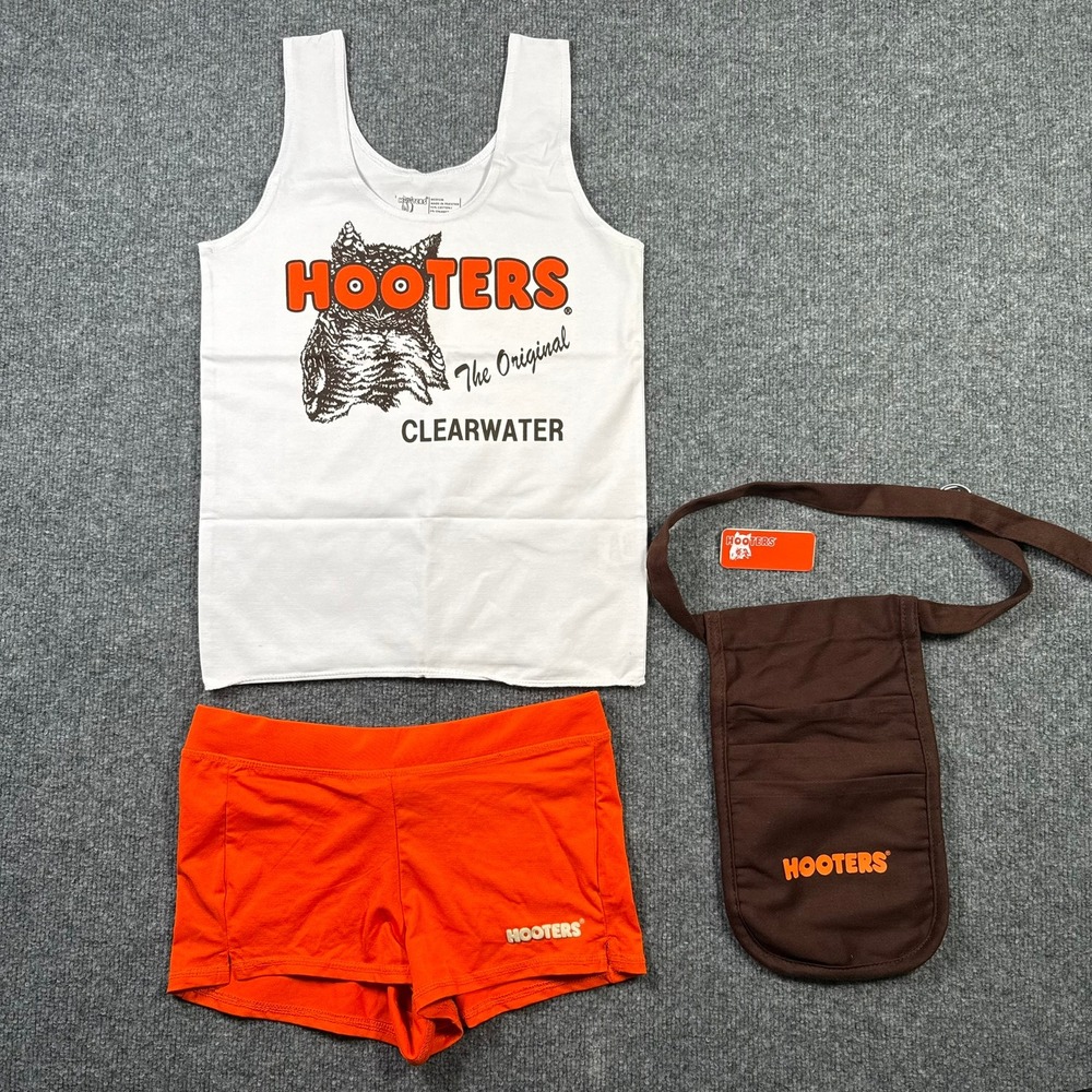Hooters Uniform Set Women Medium/XS White Orange Tank Shorts Name Tag Halloween